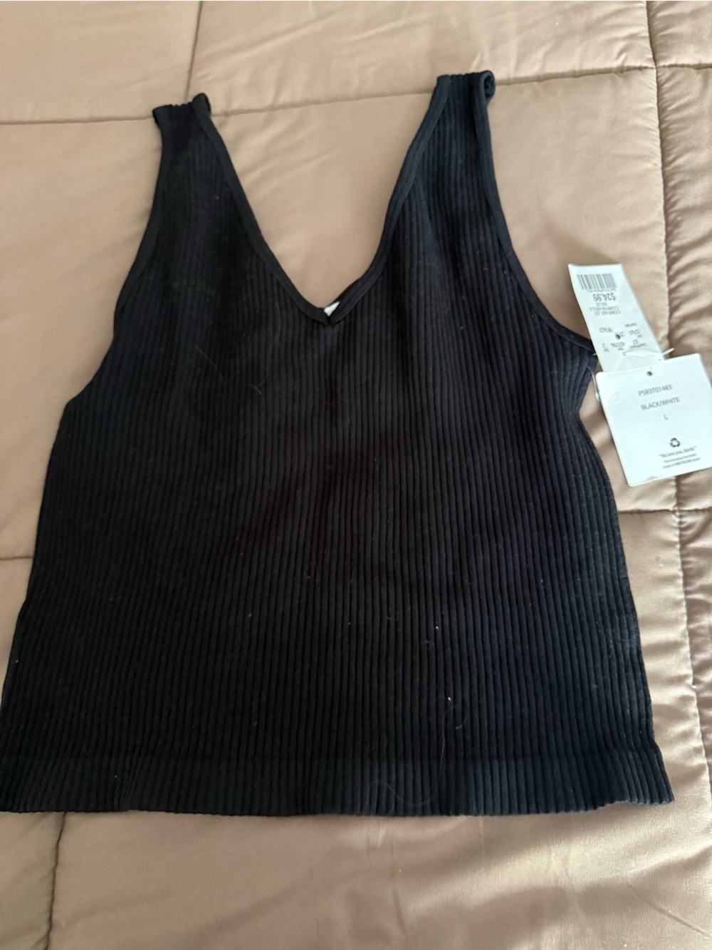 Pink Rose Black Ribbed V-Neck Tank Top